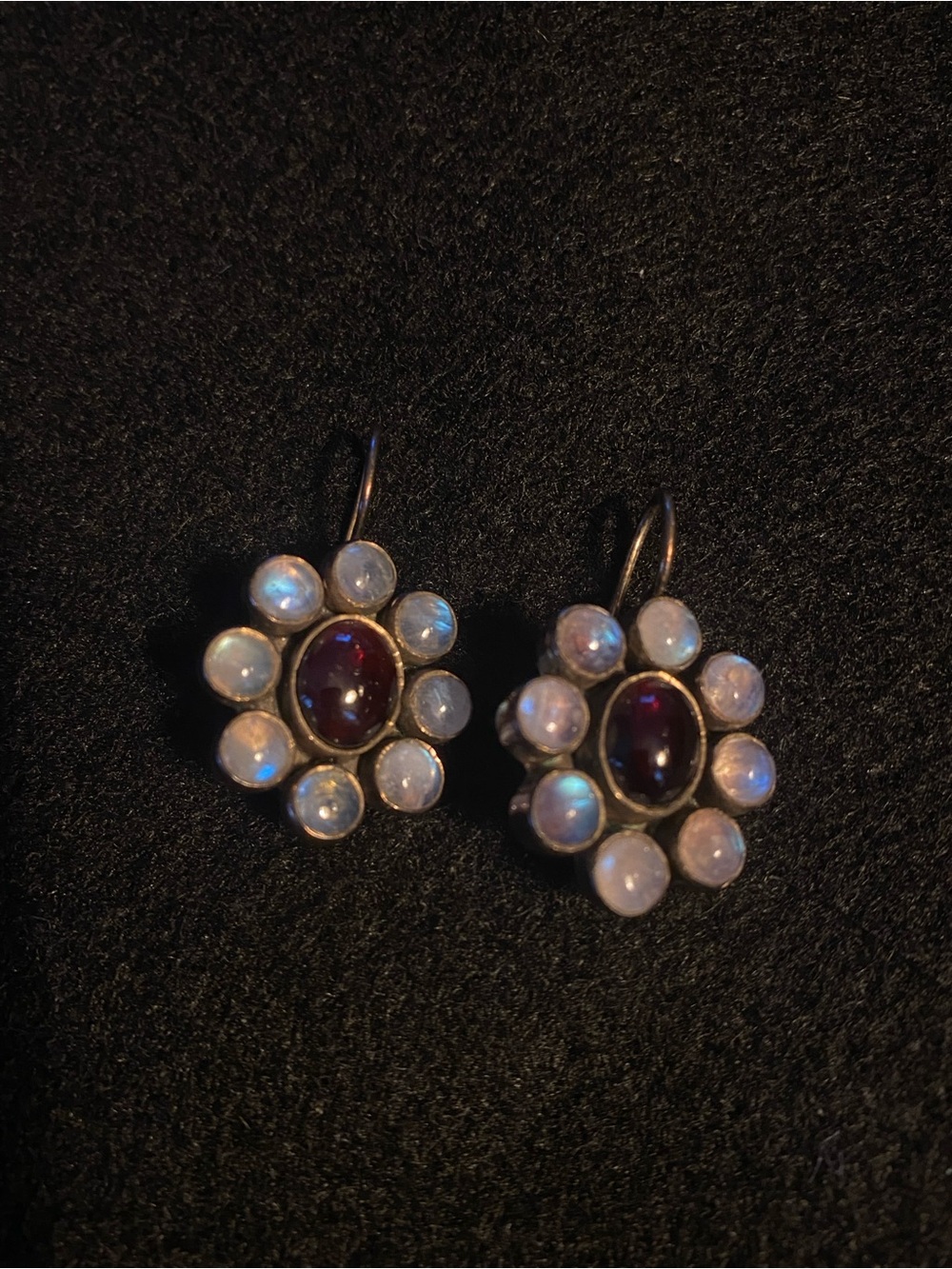 Beautiful Sterling Silver Flower Drop Earrings with Moonstone and Garnet  1”